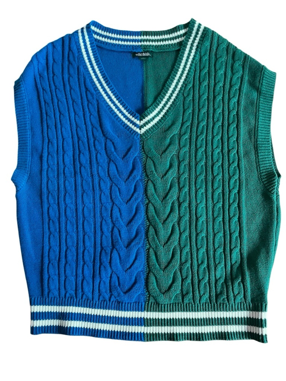 Wild Fable Sz S Sweater Vest Oversized Cable Knit VNeck Blue Green Tennis Preppy